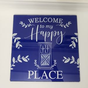 Square Glass Cutting Board Trivet 8X8 Blue "Welcome to My Happy Place"
